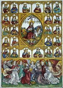 Jesus omgivet af symbolerne på de fire evangelister og mange konger, der bærer harper og guldbægre
