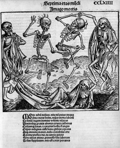 Makaber dansescene, med skeletter, -i "" Chronicles of Nuremberg"" af Hartmann Schedel (1440-1514), redigeret i Nürnberg af Anton Koberger, 12. juli af Michael and Pleydenwurff W. (d.1494) Wolgemuth