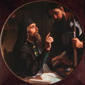 Higoumene (hegoumene) af den hellige treenigheds laurbær (Trinite-Saint-Serge) Dionysius Zobninovsky præsenterer en kirkelig gerning (Hegumen af ​​Lavra Dionysius Zobninovsky præsenterer en kirkelig gerning) - Maleri af Mikhail Ivanovich Skotti (18). af Michail Ivanovich Skotti