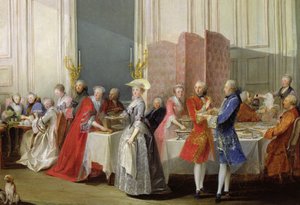 Engelsk te i Salon des Quatre Glaces i Prince de Contis hus (1717-76) Palais du Temple, detaljer om gæsterne, 1766