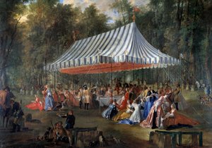 Fest givet af Louis Francois Joseph de Bourbon, Prins af Conti til arveprins Charles Guillaume Ferdinand af Brunswick Luebourg (1735-1806), under teltet, i Cassan-skoven, på Isle Adam i 1766 Banket i parken. Maleri af Michel Ba