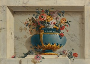 Vase med blomster i en niche.