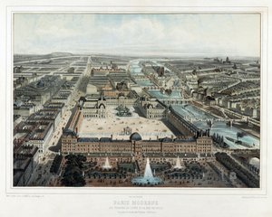 Paris Moderne - Tuilerierne, Louvre og rue de Rivoli, udsigt fra Jardin des Tuileries (nord-vest), pub. 1850 (farvelitografi)