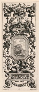 Ornamental panel beklædt med en kurv med blomster og en krans, plade 10 fra bogen over diverse grotesker malet i Reyne Regente