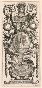 Ornamental Panel overmonteret med et hoved flankeret af løv, plade 11 fra Ornamental Panel overmonteret med et hoved flankeret af løv, fra Livre de Diverses Grotesques peintes dans le Cabinet et Bains de la Reyne Regente, au Palais Royale