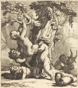 Putti og fauner klatrer i en vinranke