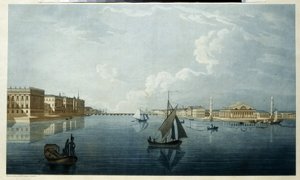 Børsen og Marmorpaladset i Sankt Petersborg. Beskrivelse af bredden af ​​Neva. Værk af Michel Francois Damam Demartrait (1763-1827), litografi, kulisse