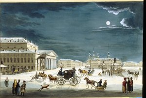Le theater imperial Bolshoi Kamenny a Saint Petersburg (The Saint Petersburg Imperial Bolshoi Kamenny Theatre). Værk af Michel Francois Damam Demartrait (1763-1827), gravering mise en couleur a l