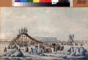 En rutsjebane rampe på Neva ved fastelavn (A Roller coaster on the Neva at fastelavn). Værk af Michel Francois Damam Demartrait (1763-1827). Akvarel og blæk på papir, ca. 1810, 33 x 54 cm, fransk kunst, klassicisme. A. Pushkin Memorial M