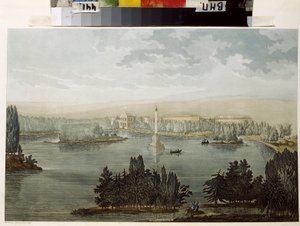 Udsigt over Tsarskoïe Selo. Chesme -kolonnen. (Udsigt til Tsarskoye Selo. Chesme -søjlen). Arbejde af Michel Francois Damam Damamrait (1763-1827), farvet gravering i akvarel
