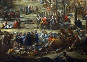 Udsigt over Cours Belsunce, Marseille, under pesten i 1720, detaljer, der forestiller kardinal af Belsunce med en gruppe lig af pestofre af Michel Serre