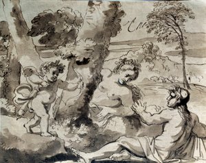 Kærlighed, en hyrde og en nymfe. Tegning af Michel Corneille (1642-1708)