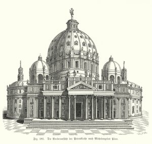 Udsigt over Michelangelos design til facaden af Peterskirken, Rom, Italien (gravering)