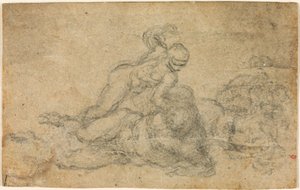Michelangelo - David og Goliat. Verso linjerede arkitektoniske studier, ca. 1550-1556, I, 32a
