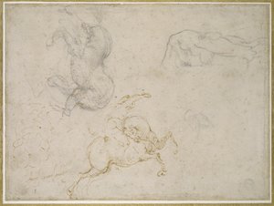 En rytter, der oplader og andre undersøgelser (pen og brunt blæk med og over sort kridt på råhvidt papir) af Michelangelo Buonarroti