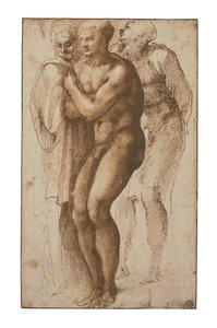 En nøgen mand (efter Masaccio) og to figurer bag ham (pen og to nuancer af brunt blæk, brun lavering, vandmærke) af Michelangelo Buonarroti