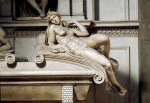 Allegori af Aurora. Graven af Laurent II af Medicis. Marmorskulptur 1531 af Michelangelo Buonarroti
