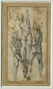 To nøgne mænd løfter en tredje, ca. 1502-06 ... af Michelangelo Buonarroti