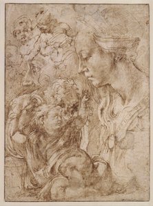 "Studier for en hellig familie med Johannes Døberen som barn" (Studier for en hellig familie med Johannes Døberen som barn) Tegning af Michelangelo Buonarroti (1475-1564) - 1505 - Pen, pensel, indisk blæk på papir Dim 28, 7x20 ,9 cm Staatliche Museen, Berl af Michelangelo Buonarroti