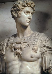 Giuliano de Medici, hertug af Nemours 1479-1516, detalje af figur fra hans grav af Michelangelo Buonarroti 1475-1564, 1533 marmordetalje af 85089 & 52674