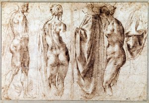 Gruppe på fire stående figurer og en drapere Tegning i pennen af Michelangelo Buonarroti dit Michelangelo (Michelangelo eller Michel Ange af Michelangelo Buonarroti
