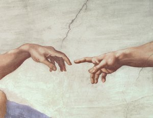 Hands of God and Adam, detalje fra The Creation of Adam, fra det sixtinske loft, 1511 (før restaurering)