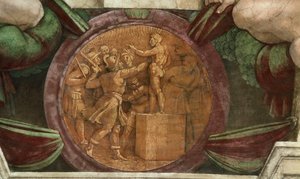 Medaljon repræsenterer ødelæggelsen af statuen af Gud Baal..., 1508-1512. af Michelangelo Buonarroti