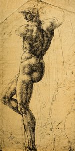 Nøgenstudie; tegning af Michelangelo. Musée du Louvre, Paris