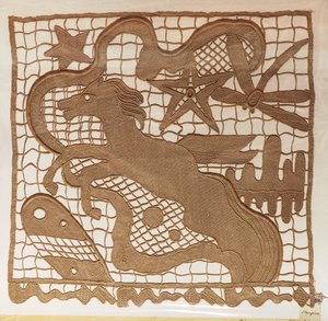 Prøve af nålekniplinger og indsatser til gardiner, med mønstre tegnet fra arbejde lavet af kunstneren Giulio Rosso, Michelangelo Jesurum Manufacture af Michelangelo Buonarroti