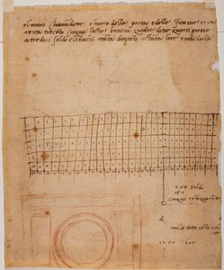 Skitse til et vindue, autograf-anmærkninger og grafisk beregning af Michelangelo Buonarroti