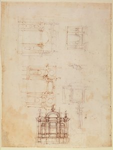 Studier til arkitektonisk komposition i form af en triumfbue, ca. 1516 (sort kridt med kuglepen og brunt blæk på papir) (recto) (omvendt se 191776) af Michelangelo Buonarroti