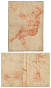 Studie for de nøgne unge over profeten Daniel (recto); Figurstudier til det sixtinske loft (verso) af Michelangelo Buonarroti