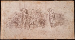 Studie af figurer til en fortællende scene (sort kridt på papir) (recto) (for omvendt se 191764) af Michelangelo Buonarroti