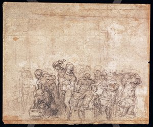 Studie af figurer til en fortællende scene (sort kridt på papir) (verso) (for recto se 191777) (se også 191767) af Michelangelo Buonarroti