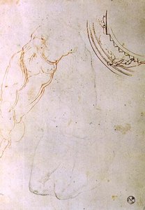 Studie af en liggende figur med krydsede ben og et design til en lunette, der viser en figur, der monterer en trappe (pen & blæk, kridt og kul på papir) af Michelangelo Buonarroti