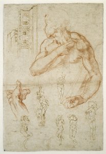 Studie af den assisterende figur af den libyske sibyll, ca. 1512 (rødt kridt og pen på papir) af Michelangelo Buonarroti