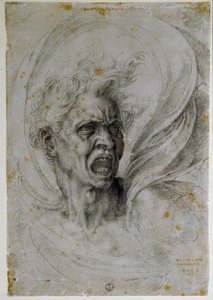 Studerer hovedet på en skrigende mand. Tegning af Michelangelo Buonarroti kendt som Michel Ange eller Michelangelo eller Michelangelo (1475-1564). Firenze, Uffizi-museet (Firenze, afdelingen for tryk og tegninger af Uffizierne). af Michelangelo Buonarroti