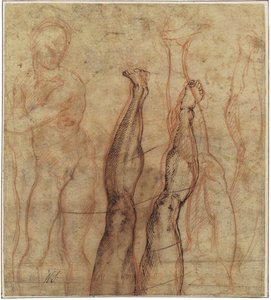 Den opstandne Kristus, trekvart længde nøgen tegnet over studier af et ben og en fod af Michelangelo Buonarroti