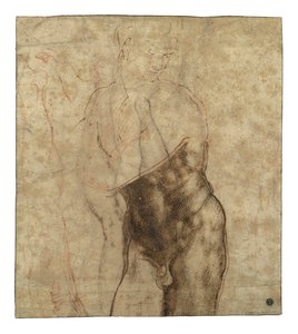 Den opstandne Kristus, trekvart længde nøgen ser ned til højre af Michelangelo Buonarroti