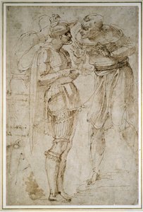 Tre mænd i samtale (pen og brunt blæk på papir) af Michelangelo Buonarroti