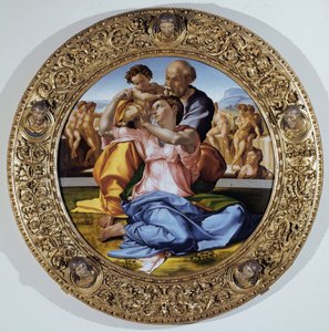 Tondo Doni: Den hellige familie med Johannes Døberens barn - olie på panel af Michelangelo Buonarroti