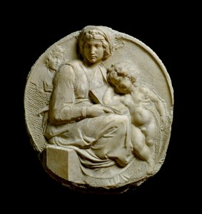 Jomfru og barn med Johannes Døberens barn Madonna Pitti eller Tondo Pitti. Prægede marmorstrømper af Michelangelo Buonarroti af Michelangelo Buonarroti