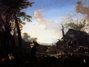 Erminia blandt hyrderne, af Michelangelo Cerquozzi kendt som Michelangelo delle Battaglie(1602-1660), olie på lærred, 75x97 cm.