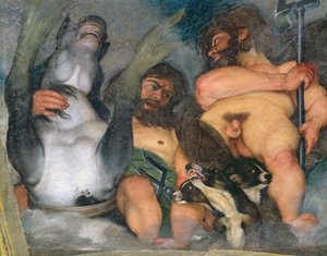 Allegori over elementerne, universet og stjernetegn, detalje af Neptun og Triton med Cerberus, den trehovedede hund, 1597 olie på gips detalje af 107109