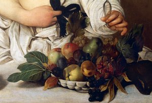 Bacchus, detalje med skål med frugt, ca. 1589 (olie på lærred) af Michelangelo Merisi da Caravaggio