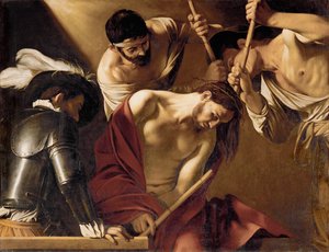 At krone Jesus med tornekronen (olie på lærred) af Michelangelo Merisi da Caravaggio
