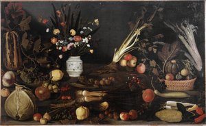 Stilleben med blomster og frugter - olie på lærred c.1590 af Michelangelo Merisi da Caravaggio