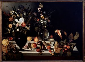 Stilleben med blomster og frugter Maleri tilskrevet Caravaggio dit le Caravaggio