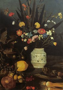 Stilleben med blomster og planter (olie på lærred) (detalje af 624933) af Michelangelo Merisi da Caravaggio