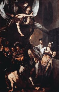 De syv værker af misericorde (Sette opere di misericordia). Cimon dømmer til at sulte i fængslet lever af brystet af sin datter Pero (Roman Charity), og i baggrunden bærer en mand en fakkel i flamme for at trække et lig ud. Øverst har jomfruen t af Michelangelo Merisi da Caravaggio